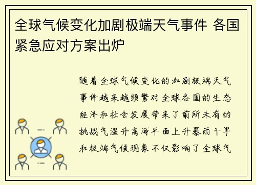 全球气候变化加剧极端天气事件 各国紧急应对方案出炉