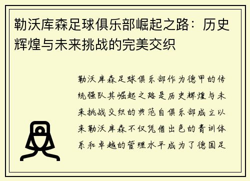 勒沃库森足球俱乐部崛起之路：历史辉煌与未来挑战的完美交织